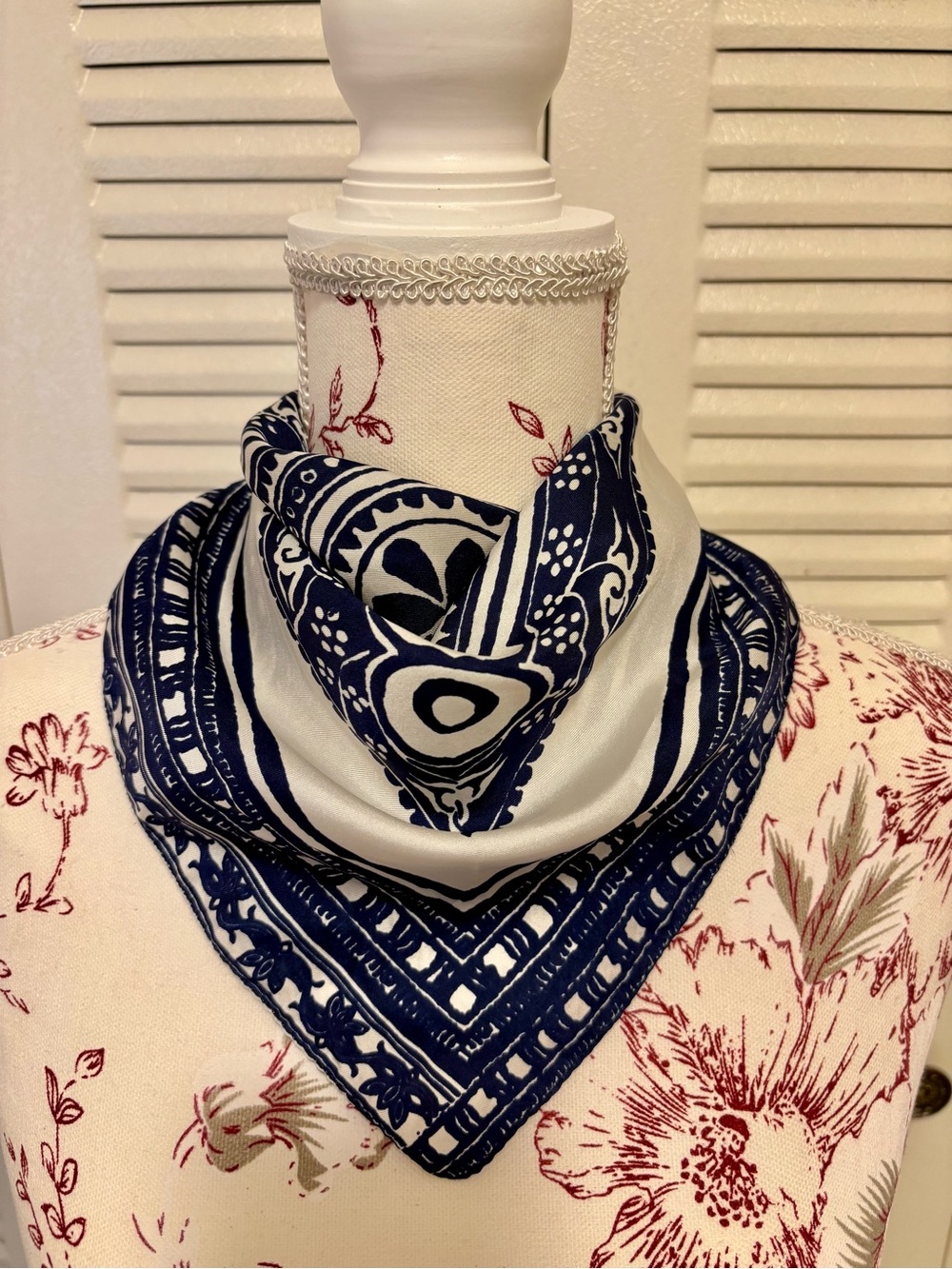 Etro Navy and White Graphic Silk  Scarf